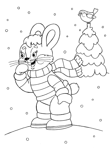 Раскраска зима заяц в шарфе...